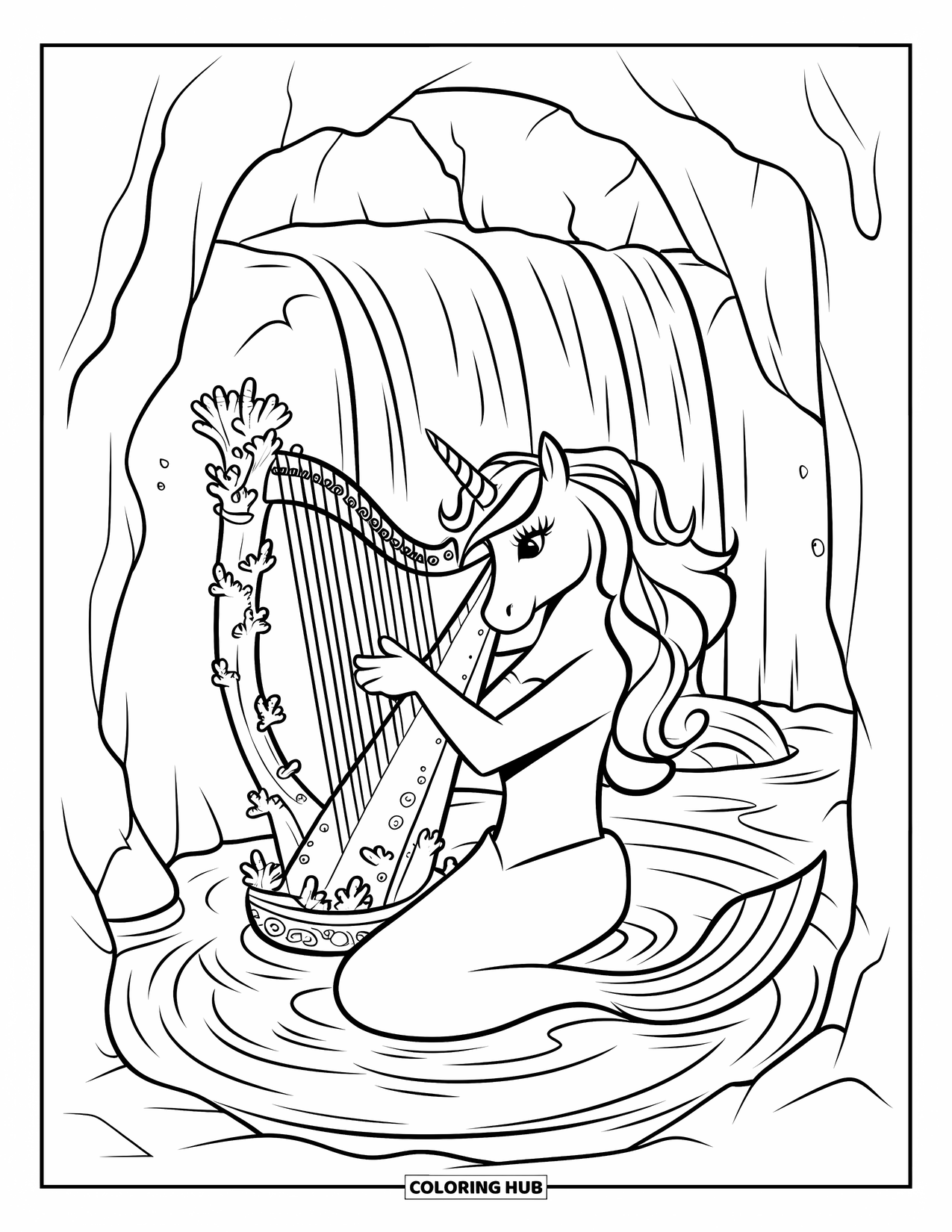 Unicorn Mermaid Coloring Page for Kids: Unicorn mermaid strums a harp by a cave with flowing water nearby