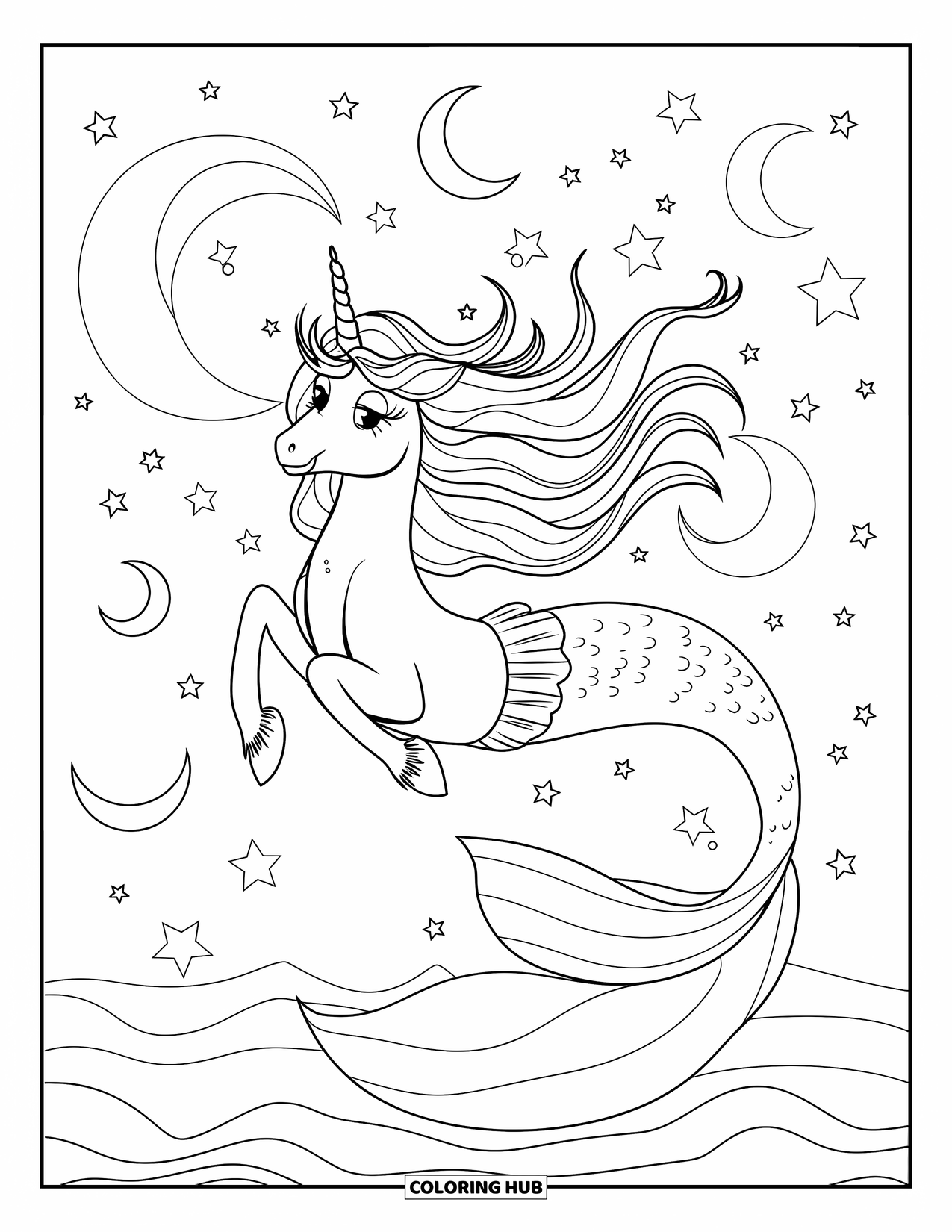Unicorn Mermaid Coloring Page for Kids: Unicorn mermaid surrounded by celestial shapes floats on calm seas