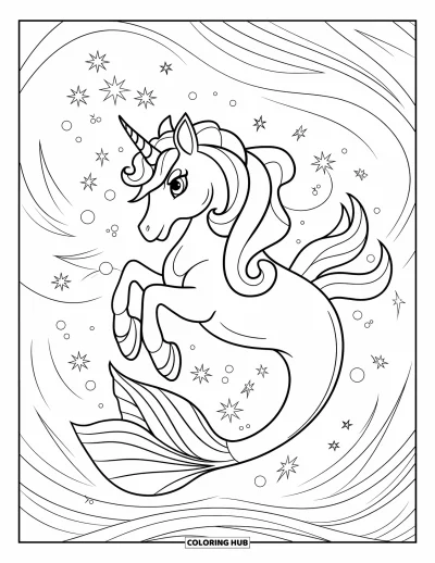 Coloriage de licorne sirène pour enfants : Une licorne sirène nage dans des eaux tourbillonnantes entourée d'étincelles magiques