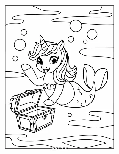Coloriage de licorne sirène pour enfants : Une licorne sirène fait signe près d'un coffre au trésor avec des bulles qui flottent autour d'elle