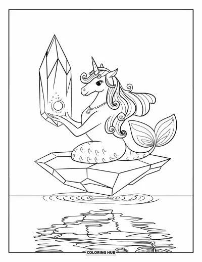 Coloriage de licorne sirène pour enfants : Une licorne sirène couronnée avec un orbe flotte sur un cristal au-dessus d'un lac paisible
