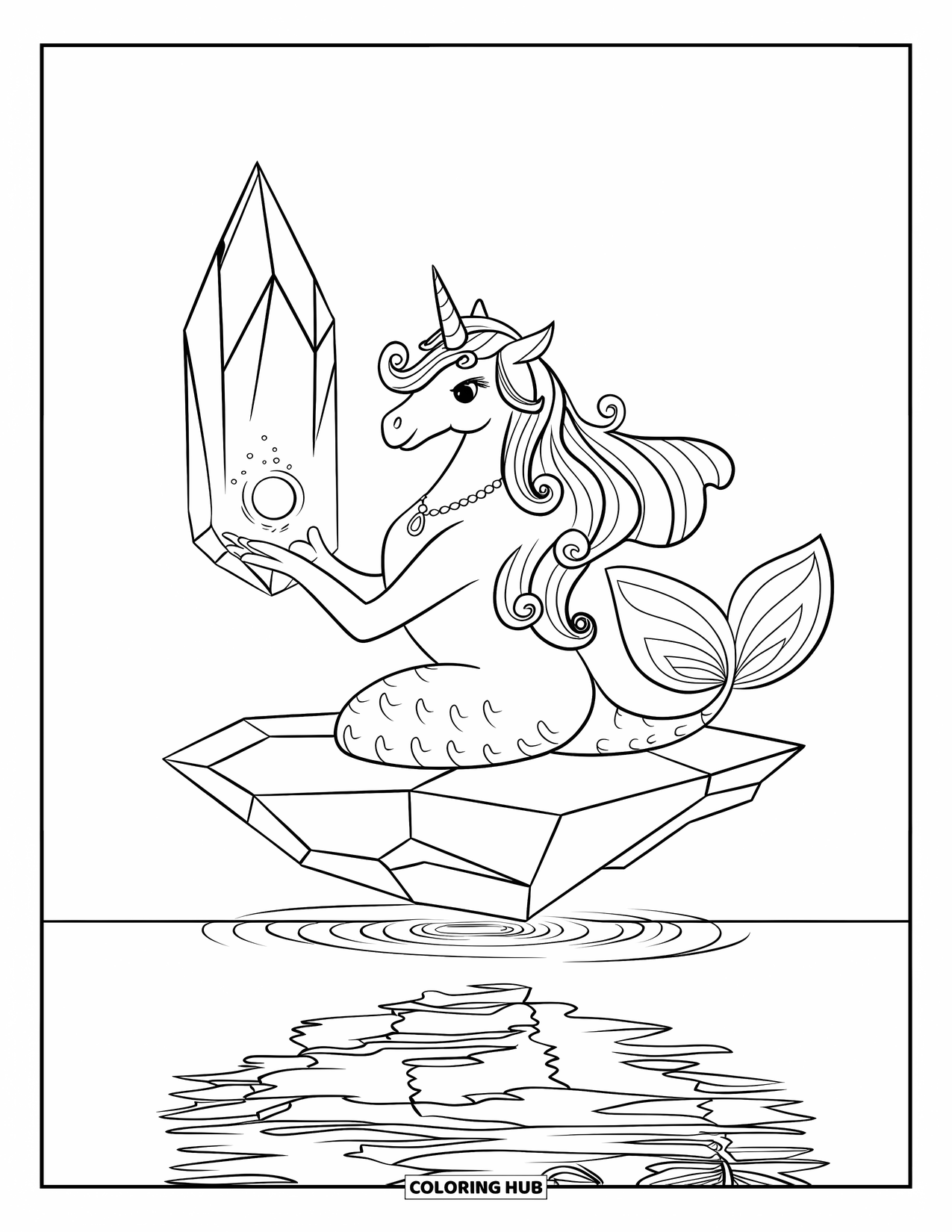 Unicorn Mermaid Coloring Page for Kids: Unicorn mermaid with a crown and orb floats on a crystal over a peaceful lake
