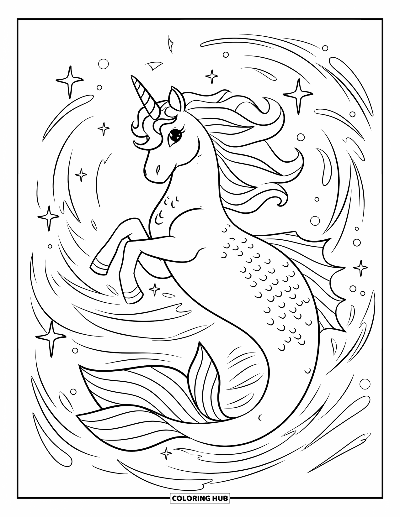 Unicorn Mermaid Coloring Page for Kids: Unicorn mermaid with a fancy tail floats in swirling, sparkling ocean waters