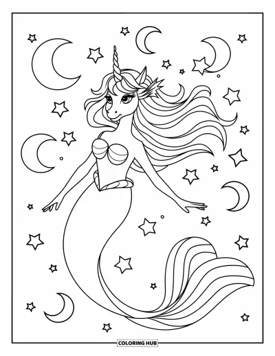 Coloriage de licorne sirène pour enfants : Une licorne sirène aux cheveux flottants dérive parmi des lunes et des étoiles