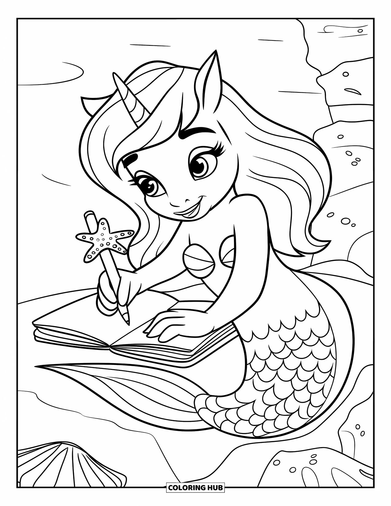 Unicorn Mermaid Coloring Page for Kids: Unicorn mermaid writes in a journal with a starfish pen by the sea