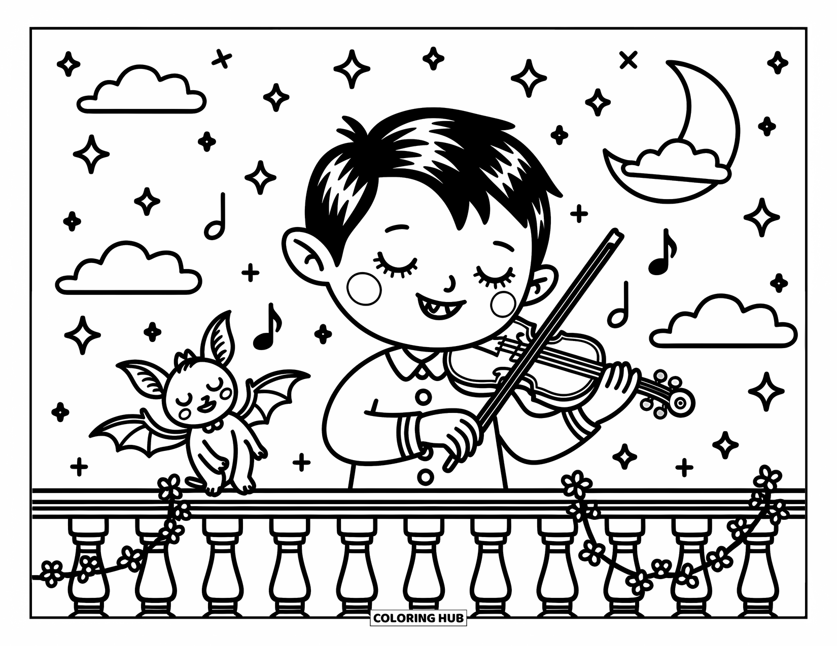 Vampire Coloring Page for Adults: A boy vampire plays the violin on a moonlit balcony as a bat listens nearby