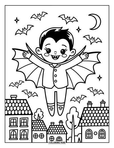 Coloriage de vampires pour adultes : Un garçon vampires s'élance joyeusement avec des chauve-souris au-dessus des toits et d'un croissant de lune