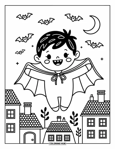 Coloriage de vampires pour adultes : Un joyeux garçon vampires glisse au-dessus des toits avec des chauve-souris sous la lune