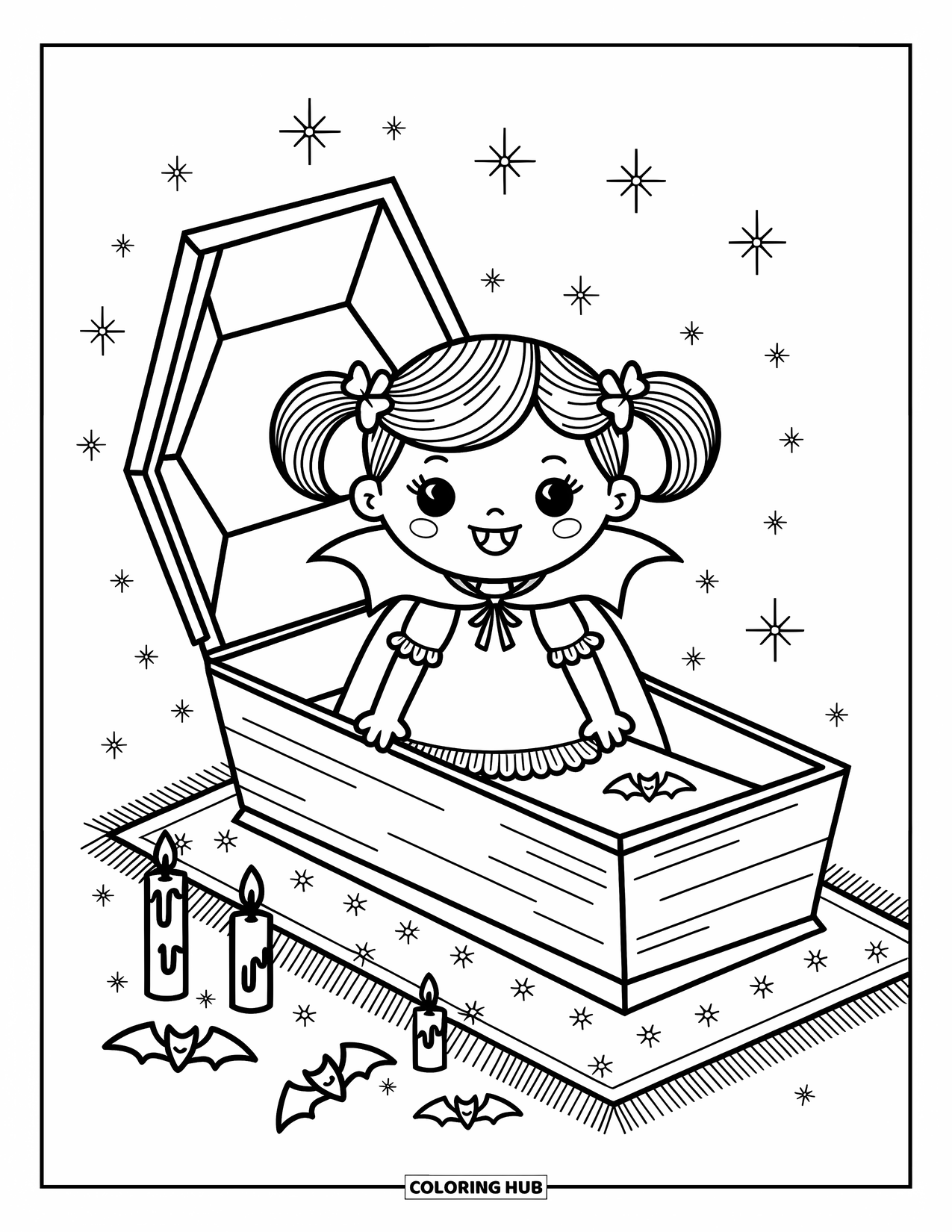 Vampire Coloring Page for Adults: A cheerful vampire girl peeks out of her coffin surrounded by stars and plush bats