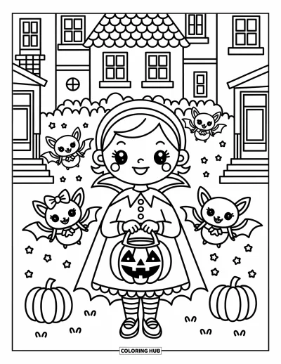 Coloriage de vampires pour adultes : Une fille vampires souriante avec un seau en forme de citrouille est entourée de chauve-souris portant des bonbons