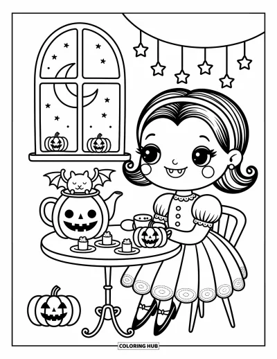 Coloriage de vampires pour adultes : Un adorable vampires sirote du thé à une petite table avec des friandises en forme de citrouille et une chauve-souris endormie