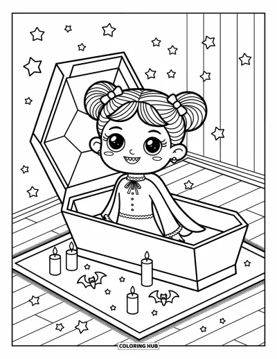 Coloriage de vampires pour adultes : Une gentille fille vampires sort de son cercueil dans une pièce chaleureuse pleine de jouets