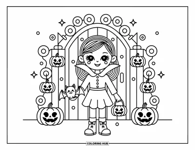 Coloriage de vampires pour adultes : Une fille vampires se tient fièrement devant le portail d'un château hanté en tenant une petite peluche chauve-souris