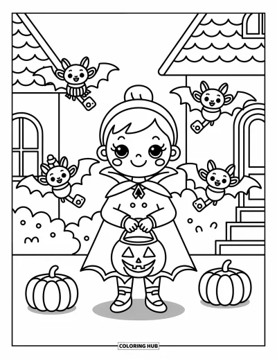 Coloriage de vampires pour adultes : Une joyeuse fille vampires et ses amies chauve-souris récoltent des bonbons près de maisons éclairées par des lanternes