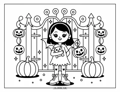 Coloriage de vampires pour adultes : Une fière fille vampires se tient devant un portail illuminé aux citrouilles en serrant sa petite peluche chauve-souris