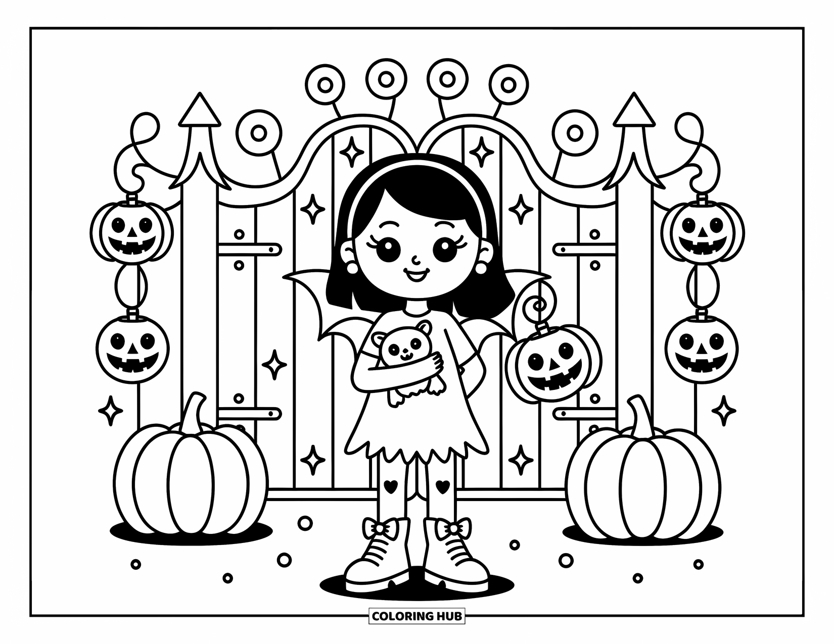 Vampire Coloring Page for Adults: A proud vampire girl stands at a pumpkin-lit gate clutching her cute bat plushie