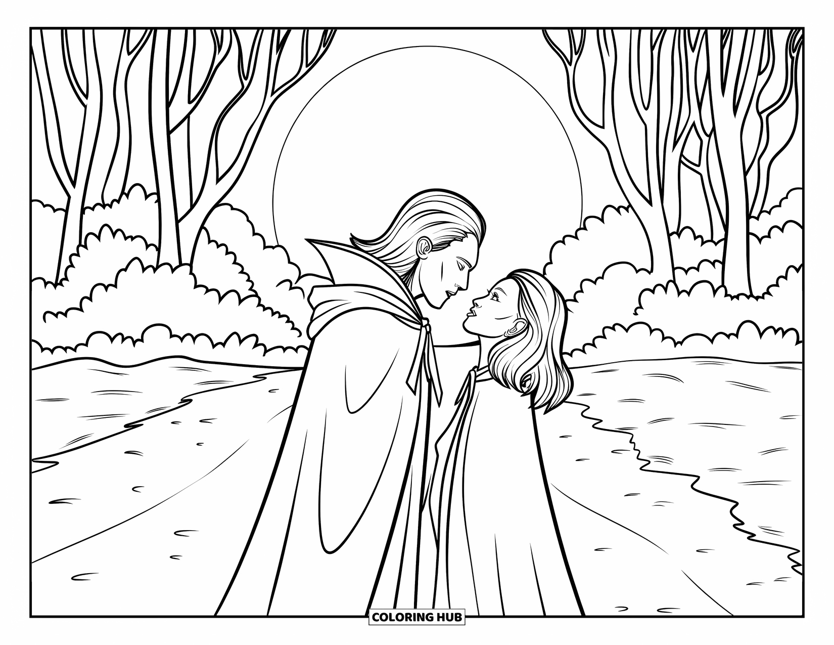 Vampire Coloring Page for Adults: A romantic vampire couple stands close together in a quiet, moonlit forest clearing