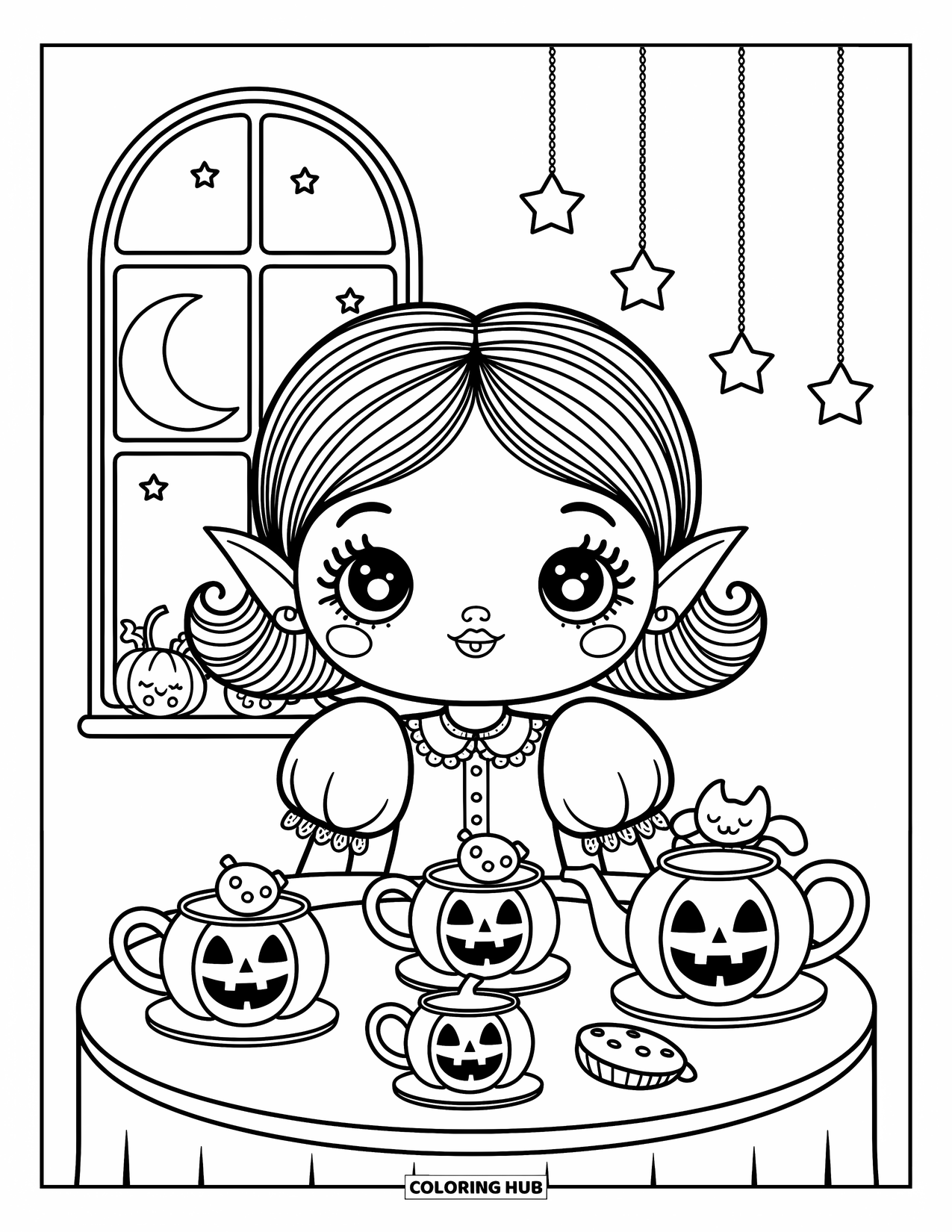 Vampire Coloring Page for Adults: A sleepy vampire girl enjoys tea with a bat beside a starry window