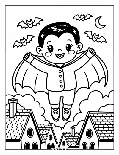 Coloriage de vampires pour adultes : Un garçon vampires souriant vole avec des chauve-souris au-dessus de toits fantaisistes et d'arbres lumineux