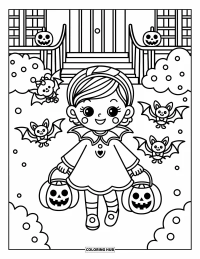 Coloriage de vampires pour adultes : Une fille vampires souriante se promène avec des chauve-souris bonbon devant des maisons aux citrouilles lumineuses