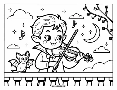 Coloriage de vampires pour adultes : Un doux garçon vampires joue du violon pour une chauve-souris sous un ciel étoilé et lunaire