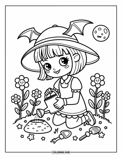 Coloriage de vampires pour adultes : Une fille vampires plante des fleurs de lune souriantes sous la lune avec un petit arrosoir