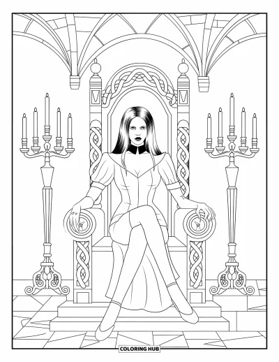 Coloriage de vampires pour adultes : Un vampires en robe à col haut siège sur un trône orné de serpents dans une salle de pierre