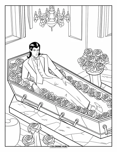 Coloriage de vampires pour adultes : Un vampires allongé sur un cercueil entouré de roses dans une pièce sombre avec un lustre