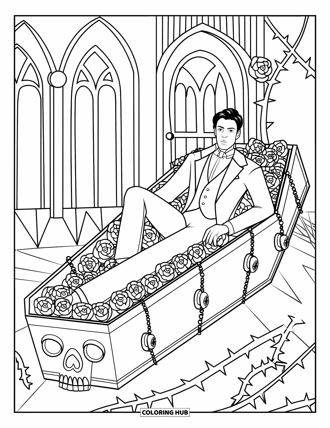 Vampire Coloring Page for Adults: A vampire lies on a skull-shaped coffin wrapped in thorny vines and gothic details
