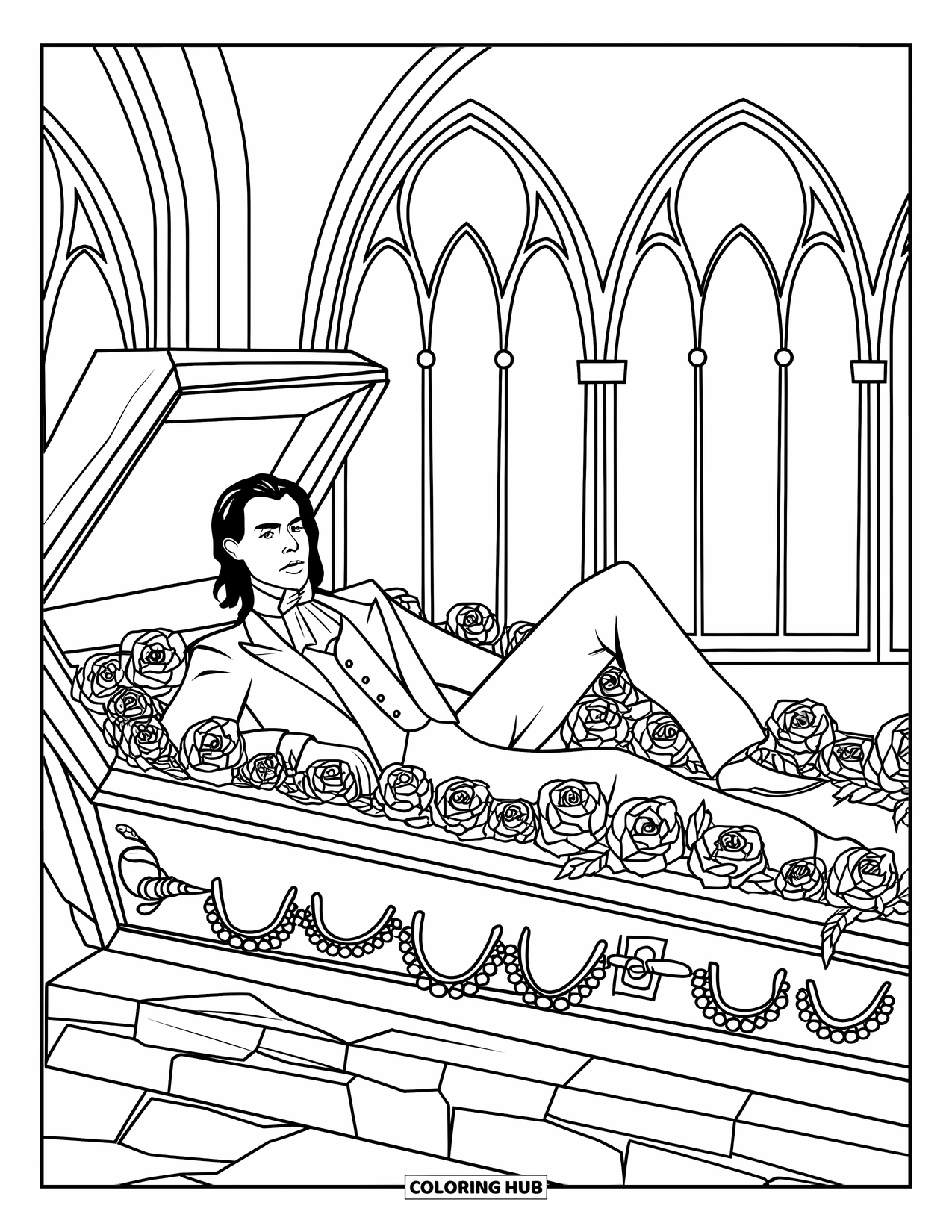 Vampire Coloring Page for Adults: A vampire rests on a rose-covered coffin in a gothic church with arched windows