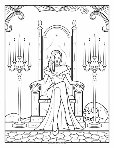 Coloriage de vampires pour adultes : Une femme vampires est assise calmement sur un trône de pierre entourée de parchemins et d'un crâne