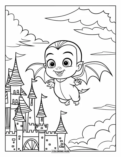 Coloriage de vampires pour enfants : Un bébé vampires avec un chapeau pointu vole au-dessus d'un château et d'un pont-levis