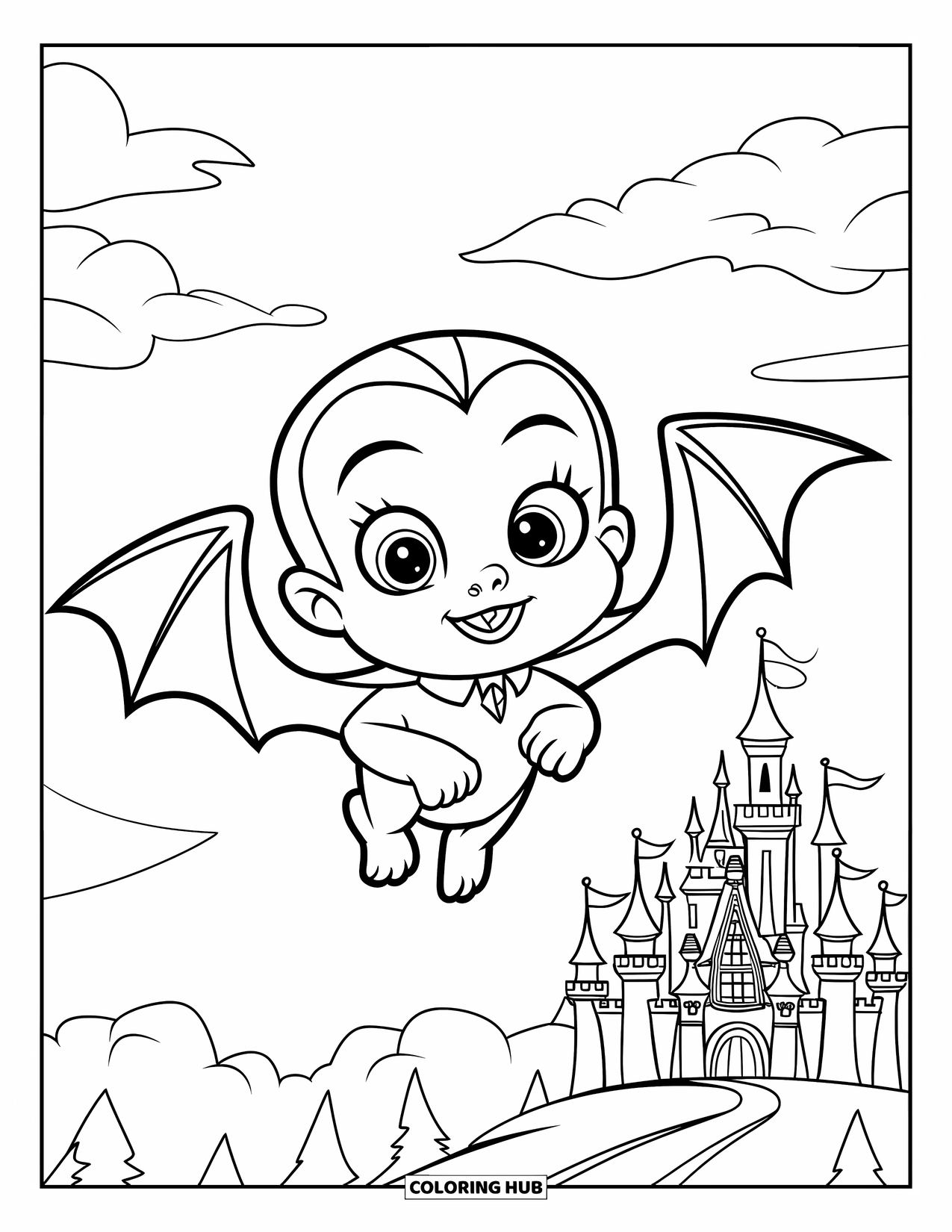 Vampire Coloring Page for Kids: A baby vampire with wings flies over a castle with trees and clouds below