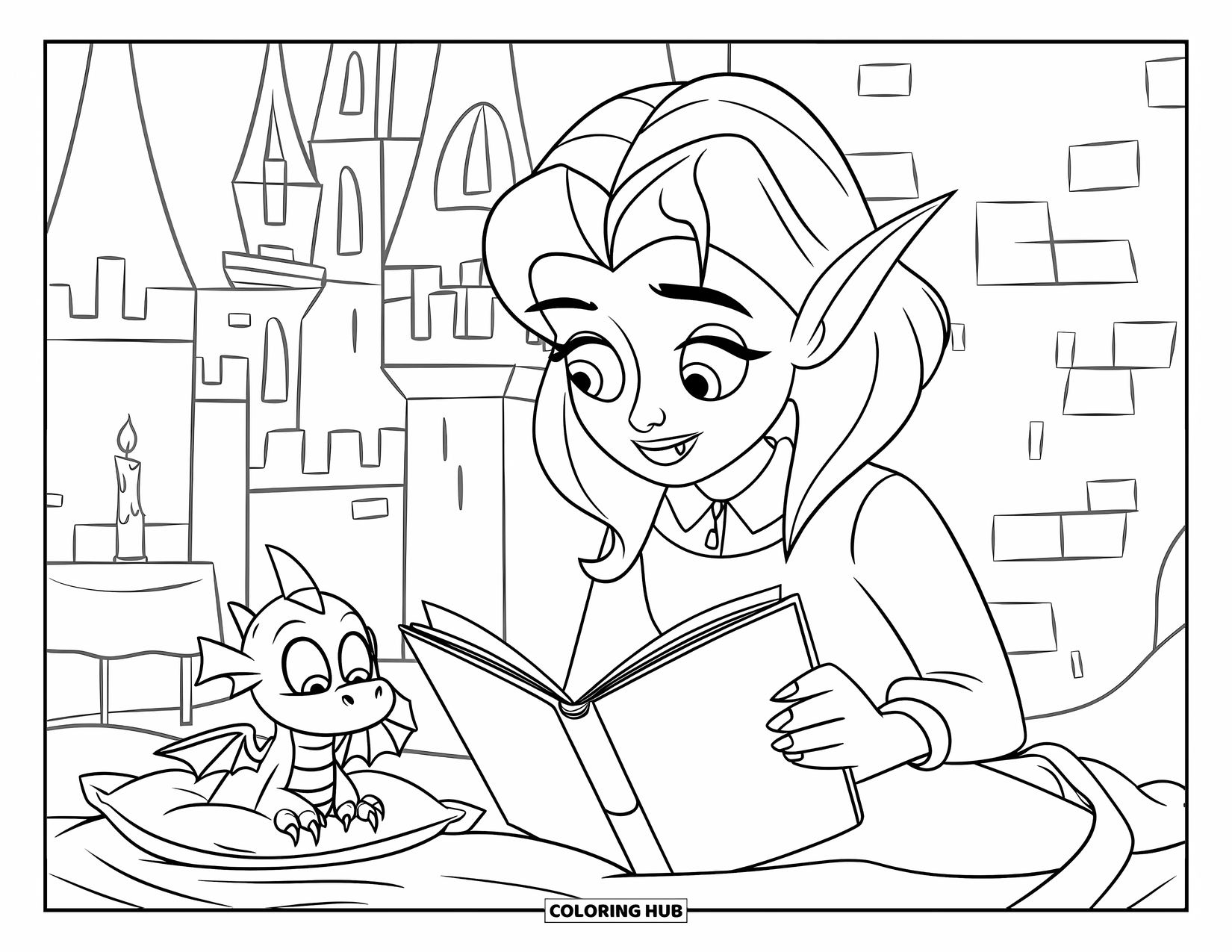 Vampire Coloring Page for Kids: A blond vampire reads to a dragon on a pillow near a candle-lit castle