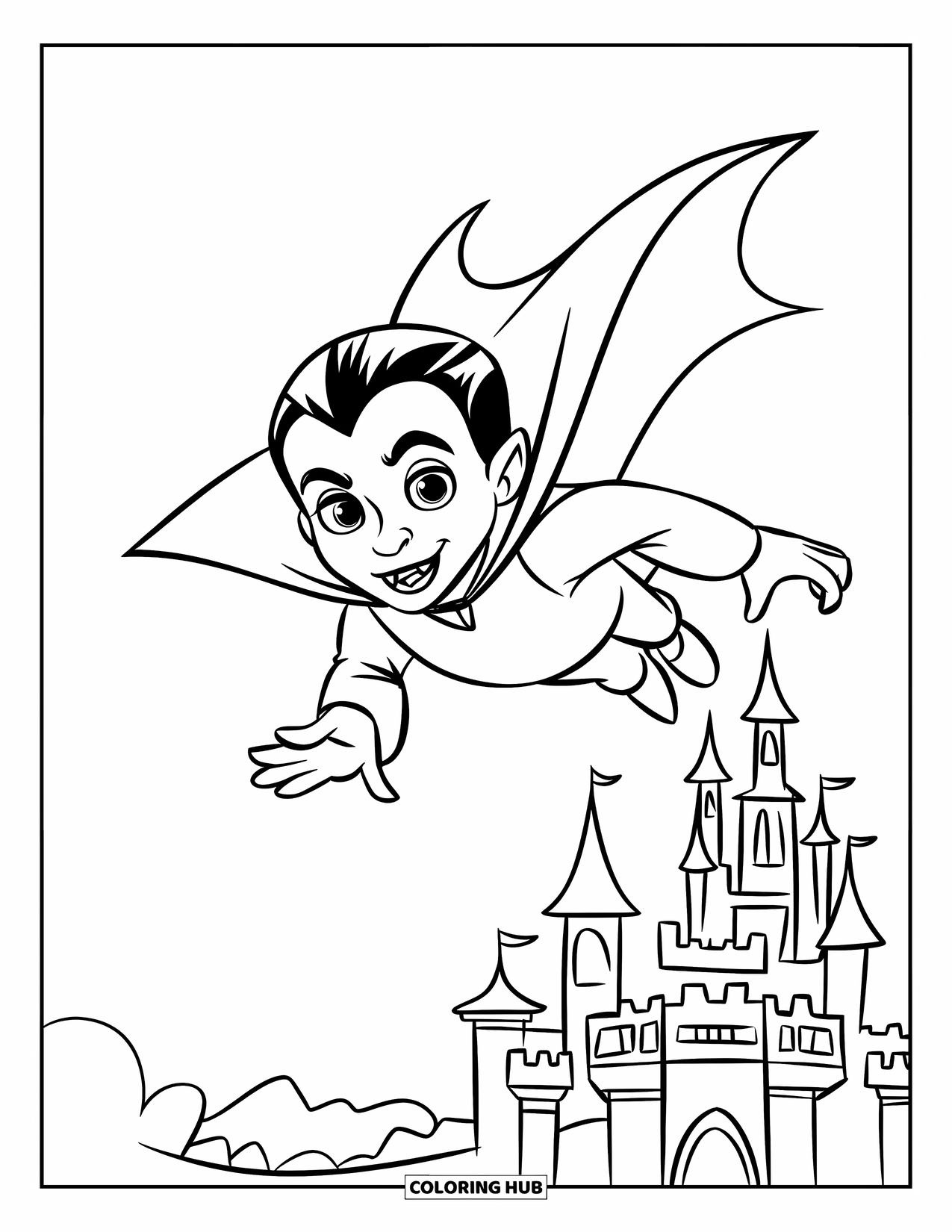 Vampire Coloring Page for Kids: A caped vampire flies over a castle silhouette on a calm white backdrop