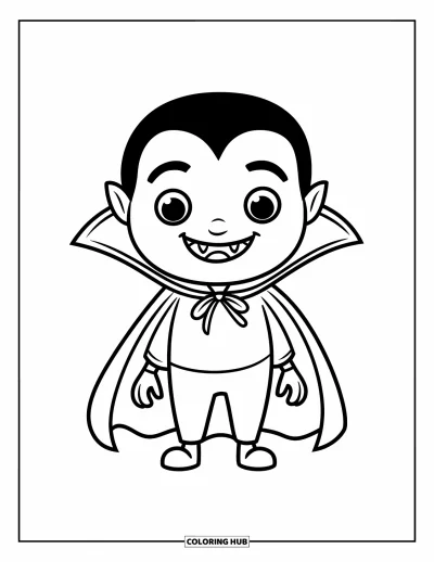 Coloriage de vampires pour enfants : Un vampires joyeux se tient fièrement avec sa cape bien déployée