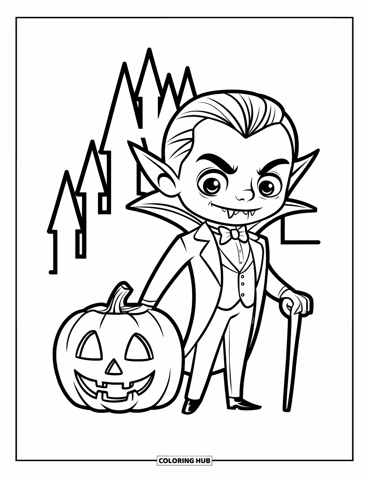 Vampire Coloring Page for Kids: A chibi vampire holds a cane beside a pumpkin and a haunted castle