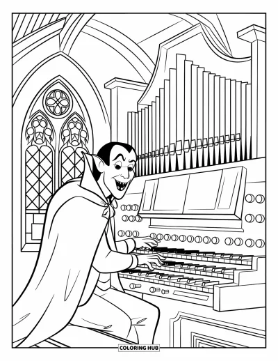 Coloriage de vampires pour enfants : Un vampires encapuchonné joue des airs envoûtants sur un orgue dans une pièce gothique éclairée aux bougies