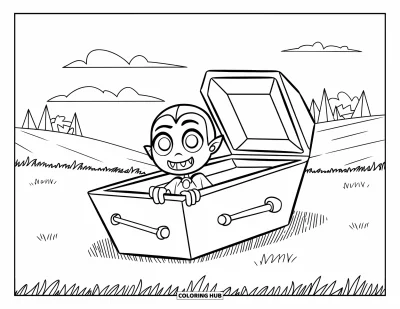 Coloriage de vampires pour enfants : Un garçon vampires aux crocs épie depuis un cercueil dans un champ verdoyant avec des arbres