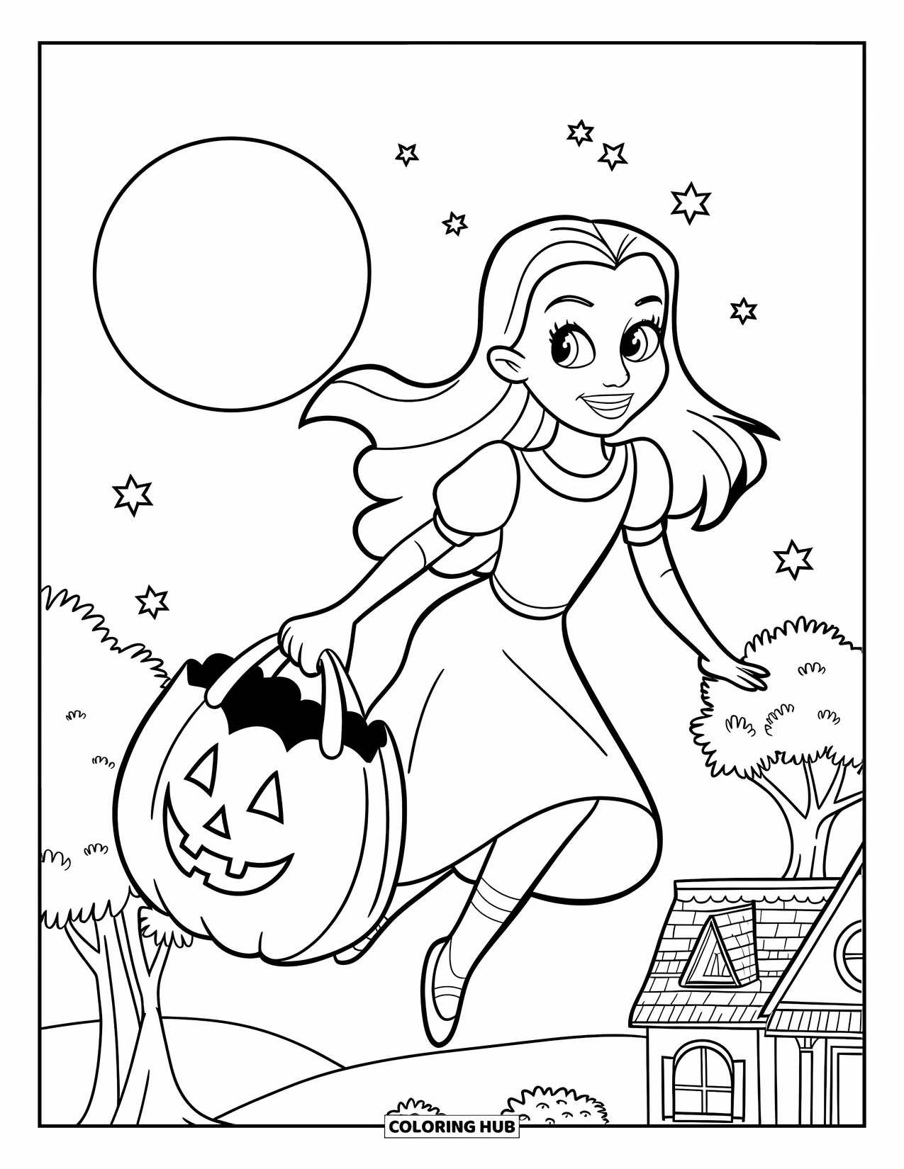 Vampire Coloring Page for Kids: A flying vampire girl holds a treat bag above trees under a starry night sky