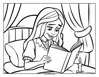 Coloriage de vampires pour enfants : Une fille vampires lit une histoire du soir à côté d'une bougie dans sa chambre douillette