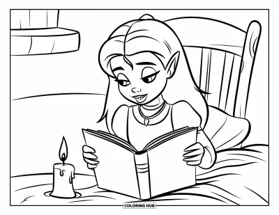 Coloriage de vampires pour enfants : Une fille vampires lit une histoire du soir près d'une bougie dans une chambre douillette