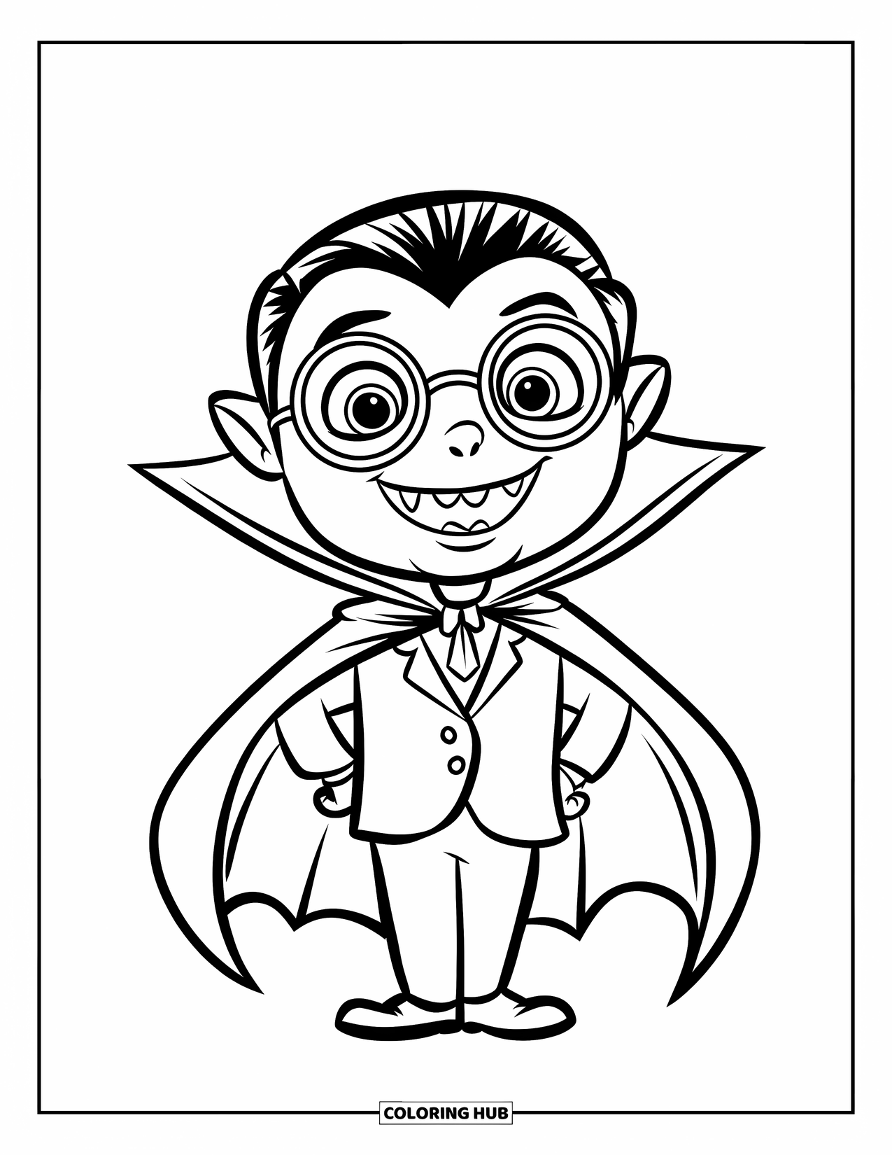 Vampire Coloring Page for Kids: A grinning vampire with glasses and a suit spreads his cape happily