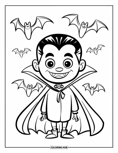 Coloriage de vampires pour enfants : Un joyeux garçon vampires avec sa cape ouverte sourit avec des chauve-souris volant à proximité