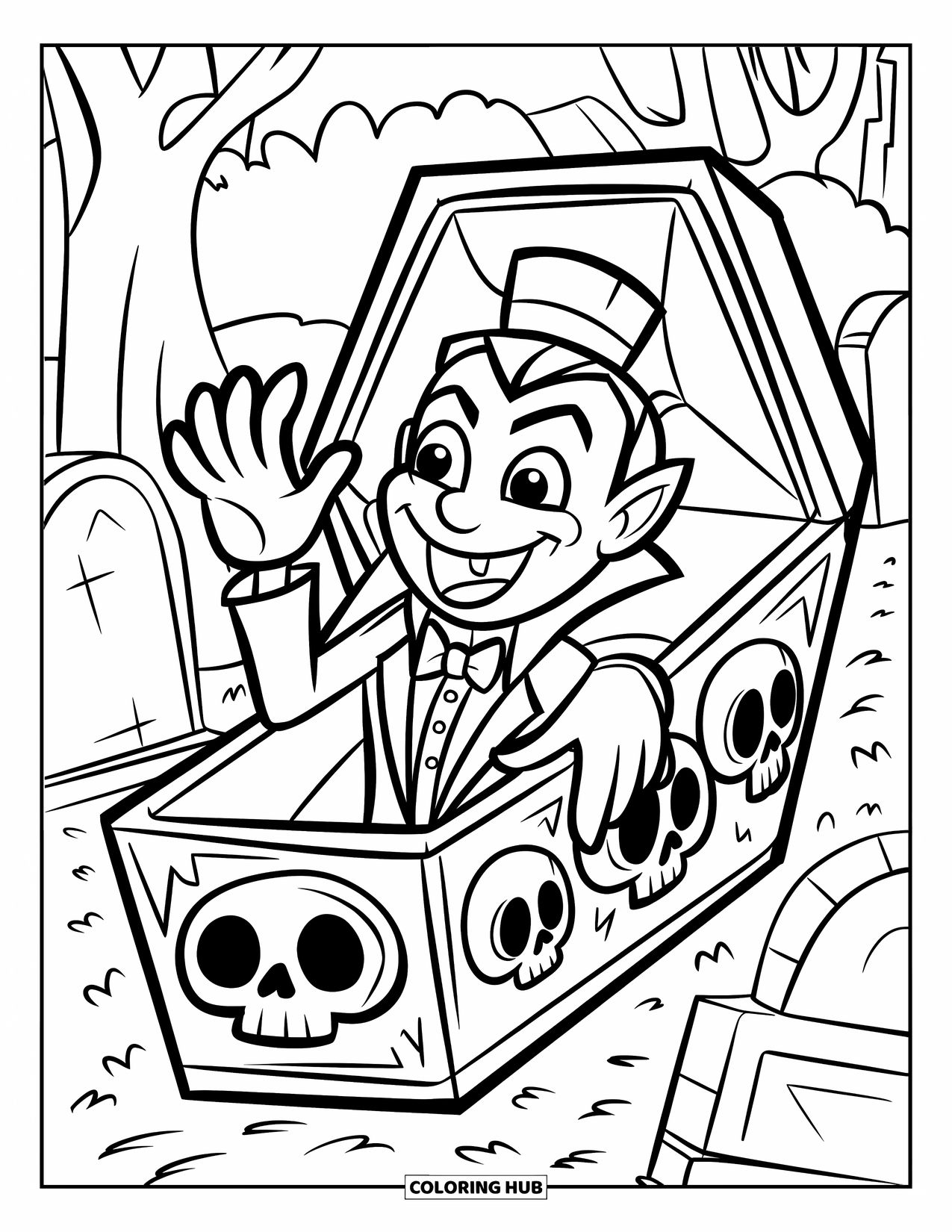 Vampire Coloring Page for Kids: A happy vampire with a top hat waves from a decorated coffin in a cemetery