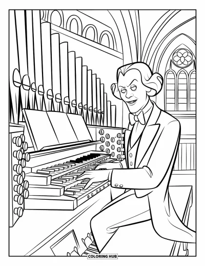 Coloriage de vampires pour enfants : Un vampires pâle aux boucles joue de la musique effrayante sur un orgue dans une église gothique