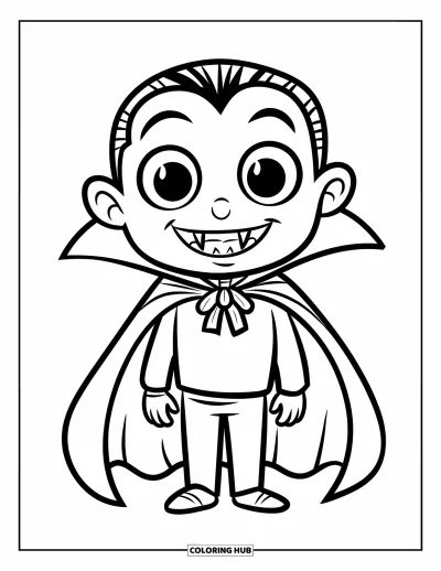 Coloriage de vampires pour enfants : Un petit vampires souriant aux grands yeux ouvre sa cape d'un air espiègle
