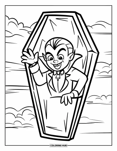 Coloriage de vampires pour enfants : Un vampires souriant salue depuis un cercueil sous un ciel nuageux