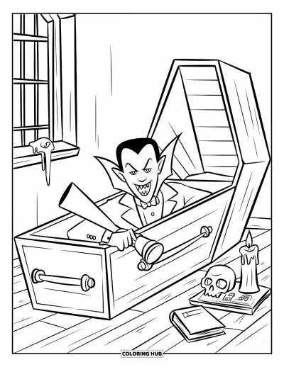 Coloriage de vampires pour enfants : Un vampires rusé épie depuis son cercueil avec une lampe de poche dans une pièce sombre et encombrée