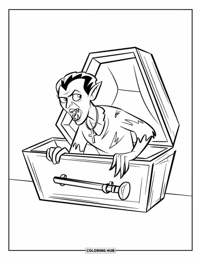 Coloriage de vampires pour enfants : Un vampires aux cheveux hérissés sort d'un cercueil avec une lampe de poche dans une pièce ombreuse
